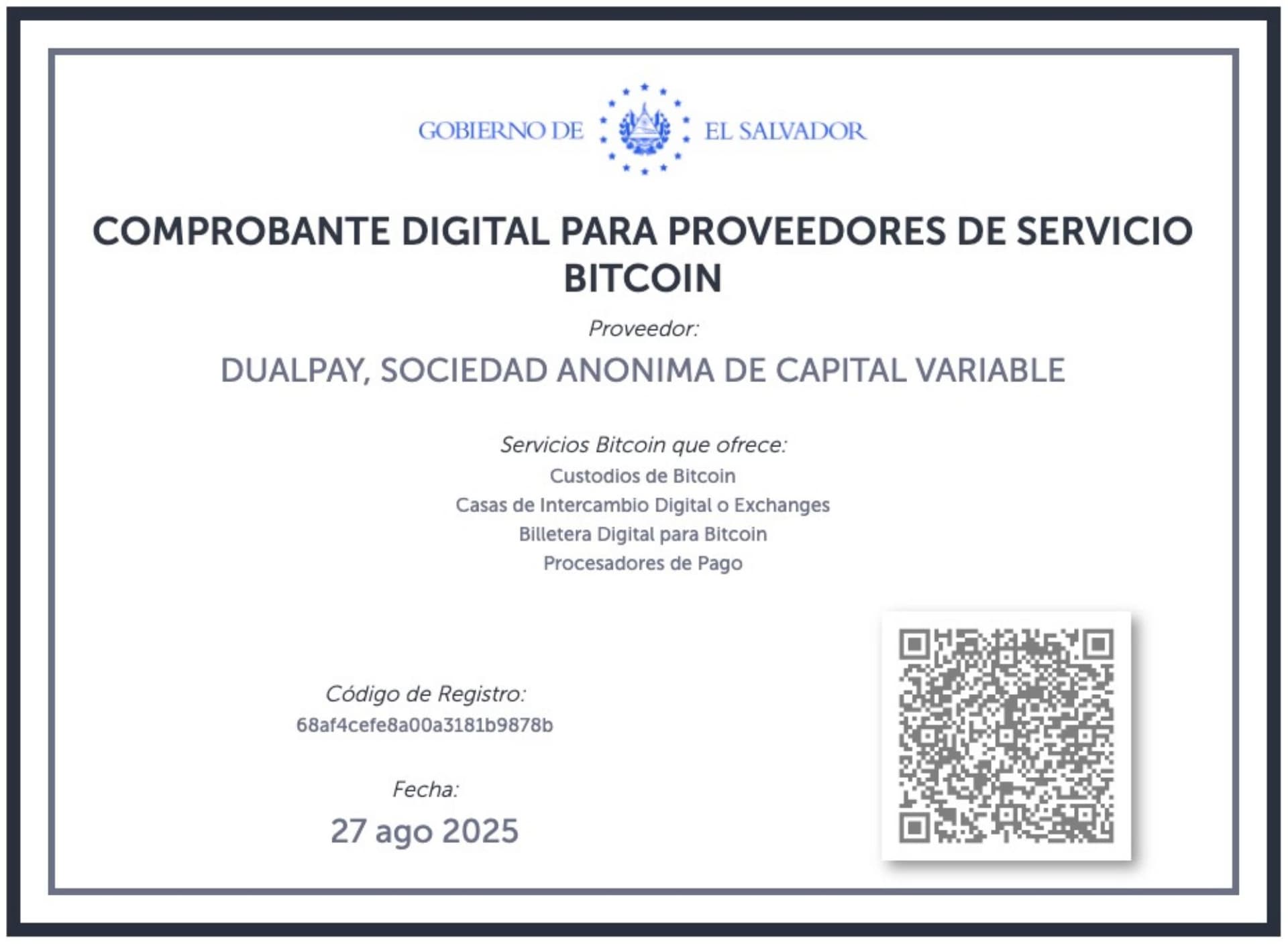 BTCSP CNAD Licence — DUALPAY