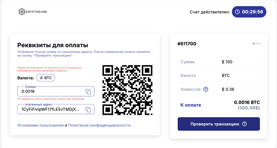 Платёжная форма Cryptadium